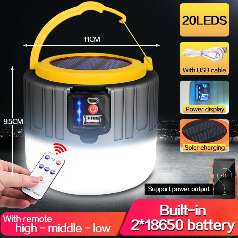 500W 휴대용 랜턴 USB/태양열 충전 강력한 조명 야간 램프, 에너지 절약 전구 야외 캠핑 비상 램프